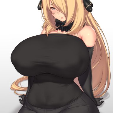 1girls, aster crowley, blonde hair, blush, curvaceous, curves, curvy, curvy figure, cynthia (pokemon), game freak, hair over one eye, high resolution, highres, huge breasts, human