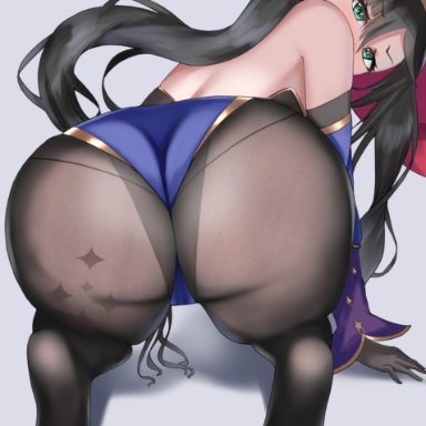 1girls, all fours, annoyed, artist request, ass, bare shoulders, black hair, blush, cameltoe, detached sleeves, elbow gloves, from behind, genshin impact, gloves, green eyes