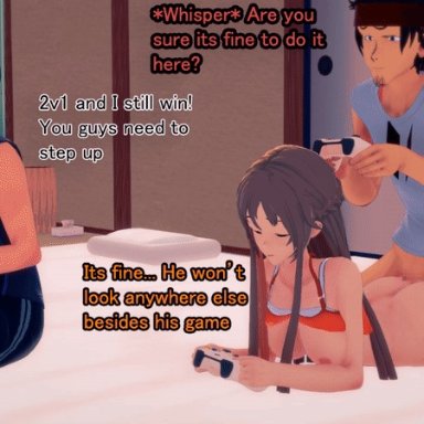 3d, cheating, eggys, english text, game controller, kirigaya kazuto, klein, koikatsu, lying, multiple views, netorare, on stomach, playing videogame, rear view, sex