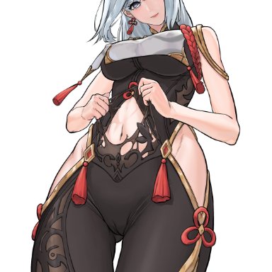 1girls, abs, absurd res, ass visible through thighs, belly button, big breasts, bodysuit, breasts, bulge, genshin impact, hair over one eye, hi res, highres, hips, huge breasts