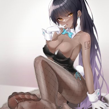 1girls, 2021, alternate version available, big breasts, bow, breasts, bunny ears, bunny tail, bunnysuit, cleavage, covered nipples, dark-skinned female, dark skin, detached collar, feet