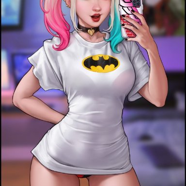 1girls, aroma sensei, batman (series), dc, female, female only, harley quinn, panties, selfie, solo, suicide squad, western style, clothed, tagme