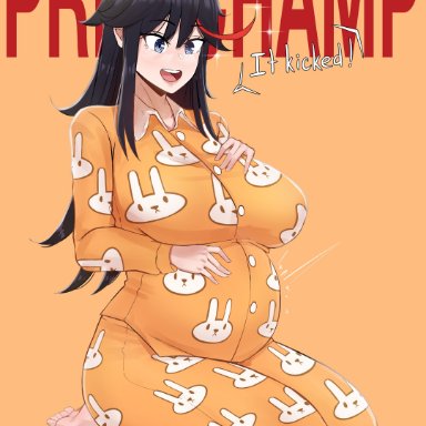 1girls, absurd res, aestheticc-meme, bangs, barefoot, belly, big belly, big breasts, black hair, blue eyes, breasts, bunny pajamas, clothed, clothed female, clothing