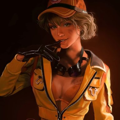 mechanic, 1girl, gloves, bra, glasses, blonde hair, short hair, green eyes