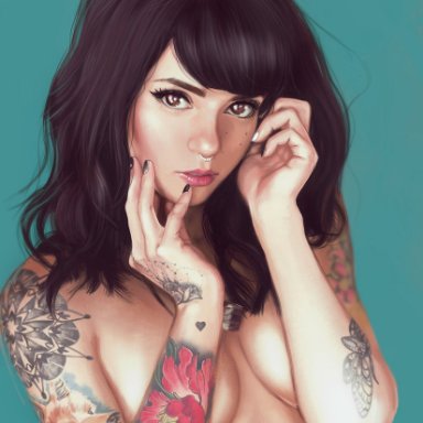 covering breasts, 1girl, looking at viewer, black hair, brown eyes, tattoos, nose ring, naked, Ivantalavera