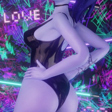 1girls, 3d, ass, blender, blizzard entertainment, cute, detailed background, diescope, female, female only, heart, hi res, latex, latex bodysuit, latex stockings