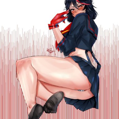 1girls, ass, big butt, blush, eye contact, feet, female, gloves, half-closed eyes, kill la kill, looking at viewer, matoi ryuuko, milileonaorochi, panties, short hair