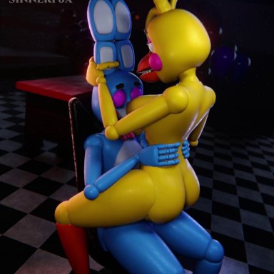 1girls, 3d, animated, animatronic, anthro, avian, bird, breasts, butt, chicken, digital media (artwork), duo, eyes closed, female, five nights at freddy's