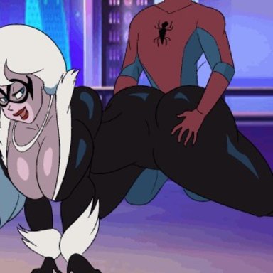 1boy, 1boy1girl, 1girls, animated, ass, black cat, black cat (marvel), breasts, busty, cleavage, domino mask, faceless male, felicia hardy, female, female focus