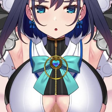 1boy, 1girls, animated, armpits, arms up, bangs, big breasts, blue eyes, blue hair, blush, breasts, clothed paizuri, clothed sex, cum on breasts, hololive