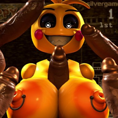 1girls, 3d, 3d (artwork), 5boys, animatronic, big breasts, big penis, c4d max, chicken, dark-skinned male, eyebrows, five nights at freddy's, five nights at freddy's 2, gangbang, heart-shaped pupils