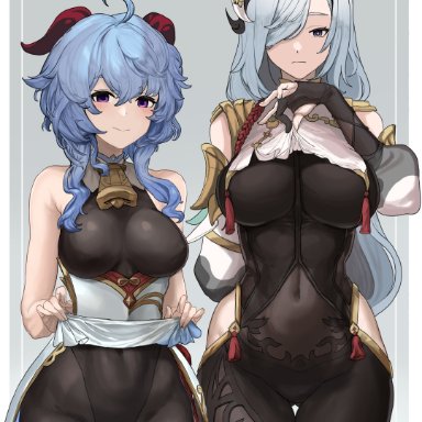 2girls, abs, absurd res, ass, ass visible through thighs, bangs, bell, bell collar, belly button, big breasts, black legwear, blue eyes, blue hair, blush, bodysuit