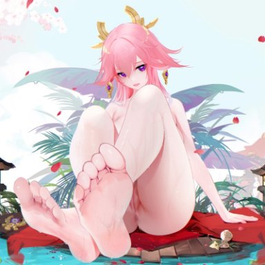 animal ears, anus, ass, bangs, barefoot, blush, breasts, feet, female, fox ears, genshin impact, hair ornament, large breasts, legs, long hair