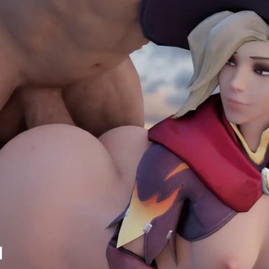 1boy, 1boy1girl, 1girls, 3d, animated, aphy3d, ass, blizzard entertainment, breasts, hetero, huge ass, looking at viewer, mercy, overwatch, pale-skinned female