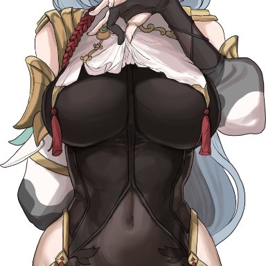 1girls, abs, absurd res, arms behind back, ass, ass visible through thighs, belly button, big breasts, blue eyes, bodysuit, breasts, chroong, clothed, clothing, genshin impact