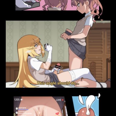 + +, 2girls, artist request, ass visible through thighs, bar censor, bed, blonde hair, bow, brown eyes, brown hair, camera, cellphone, censored, clothes lift, controller