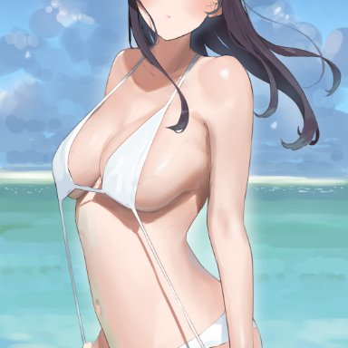 1girls, big breasts, bikini, breasts, eye contact, female, komi-san wa komyushou desu, komi shouko, long hair, looking at viewer, solo, standing, takita, thick thighs, thighs