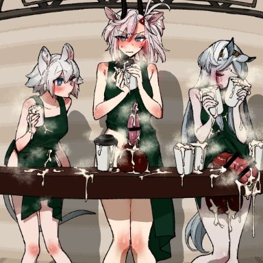 3futas, animal ears, animal genitalia, apron, apron only, arknights, balls, big balls, big penis, blush, breasts, censored, click (arknights), clothed, clothing