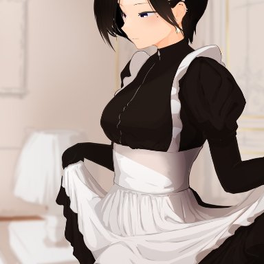 1futa, black hair, breasts, bulge, clothed, clothing, earrings, fully clothed, futa only, futanari, garter straps, human, light-skinned futanari, light skin, long sleeves