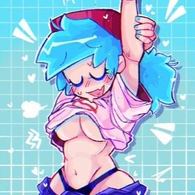 1girl, 1girls, arms up, background, blue background, blue hair, boyfriend (friday night funkin), breasts, cap, female, female boyfriend (friday night funkin), friday night funkin, genderbend, genderswap, heart