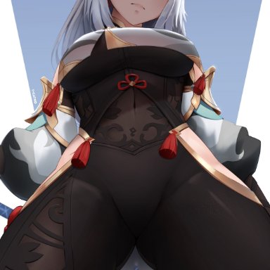 1girls, abs, absurd res, ass, ass visible through thighs, belly button, big breasts, blue background, bodysuit, breasts, clothed, clothing, genshin impact, hair ornament, hair over one eye