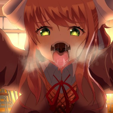 1girls, ahe gao, big breasts, blazer, blue-willow, breasts, brown hair, doki doki literature club, drooling, green eyes, imminent vore, looking at viewer, mawshot, monika (doki doki literature club), open mouth