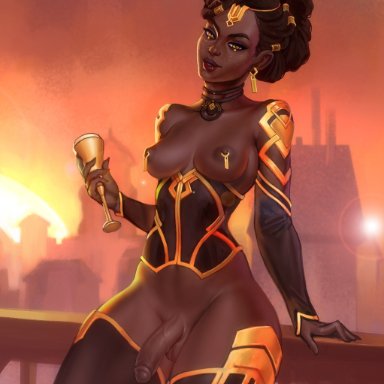 1futa, arcane, areolae, balls, black hair, breasts, clothed, clothing, corset, curly hair, dark-skinned futanari, dark skin, edit, flaccid, futa only