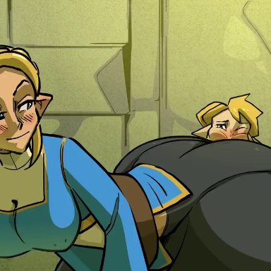 animated, ass, big ass, big ears, blonde hair, blue eyes, blush, breasts, breath of the wild, breath of the wild 2, clothing, facesitting, femdom, half-closed eyes, large ass