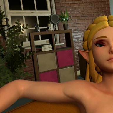 1boy, 1girls, 3d, animated, areolae, belly button, blonde hair, breath of the wild, caucasian, caucasian female, collarbone, completely nude, curvaceous, curvy, curvy figure