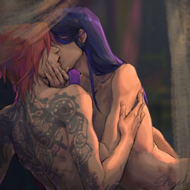 2girls, arcane, back, blue hair, caitlyn, canon couple, couple, female only, hair over eyes, kissing, league of legends, nude, pink hair, romantic, romantic couple