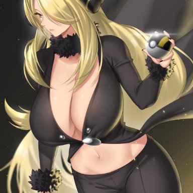1girls, absurd res, anima (togashi), black nails, black pants, black shirt, blonde hair, breasts, cleavage, closed mouth, clothing, curvaceous, curves, cynthia (pokemon), eyelashes