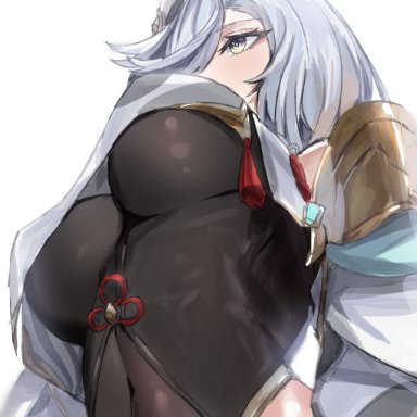 1girls, big breasts, blue hair, breasts, genshin impact, hips, nipple bulge, pov under breasts, raw egg lent, shenhe (genshin impact), silver hair, yellow eyes