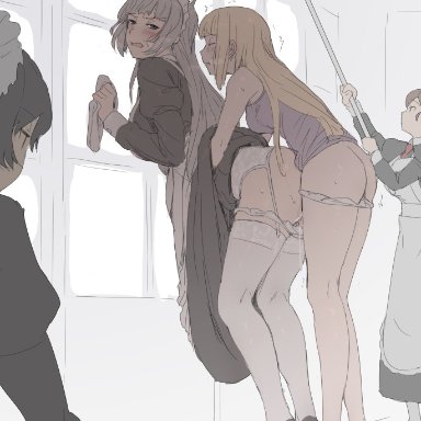 1futa, 3girls, against glass, against wall, bent over, blonde hair, bottomless, cleaning, clothed, clothing, cum, cum inside, cumdrip, duo focus, from behind