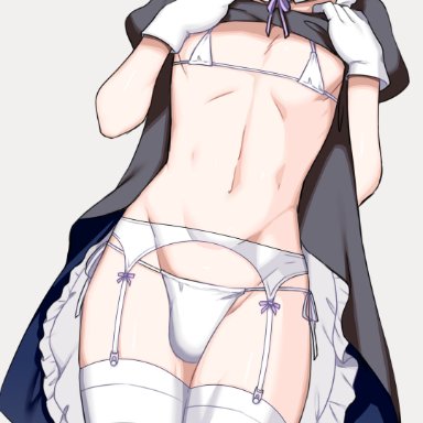 1boy, ae (artist), blush, bulge, cropped, crossdressing, femboy, girly, gloves, lingerie, maid, maid uniform, male, male nipples, micro bikini