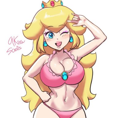 1girls, akirascrolls, big breasts, blonde hair, blue eyes, bra, breasts, earrings, eyeshadow, female, female only, large ass, looking at viewer, mario (series), nintendo