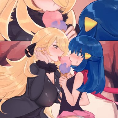 2girls, ass, blonde hair, blue eyes, blue hair, blush, cynthia (pokemon), dawn (pokemon), female, female only, ice cream, long hair, nintendo, norza, panties