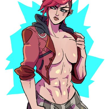 1girls, arcane, blue eyes, breasts, female, league of legends, muscles, muscular, muscular female, navel, nekitoototo, pink hair, scar, solo, toned