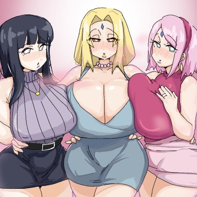 3girls, big breasts, blonde hair, blush, breasts, doodle, eye contact, female, female only, huge breasts, hyuuga hinata, lee bong chun, long hair, looking at viewer, naruto