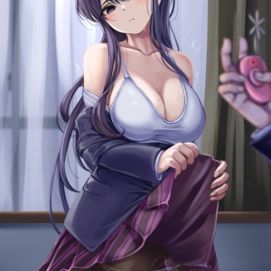 bare shoulders, black hair, blazer, blush, bra, breasts, cleavage, curtains, female, female ejaculation, highres, jacket, komi-san wa komyushou desu, komi shouko, large breasts