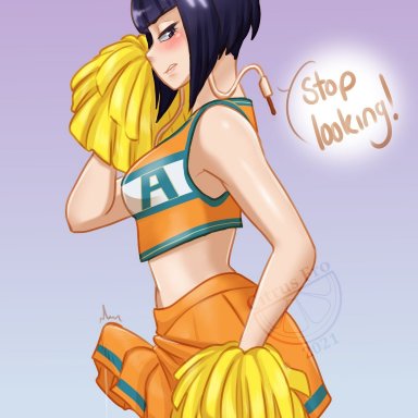 1futa, angry, bangs, big penis, black hair, breasts, cheerleader, citrusfro, clothed, clothing, dialogue, english text, erection, erection under clothes, erection under skirt