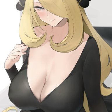 black dress, blonde hair, breasts, cleavage, cynthia (pokemon), dress, female, hair over one eye, iku (ikuchan kaoru), large breasts, long hair, looking at viewer, milf, pokemon, pokemon dppt