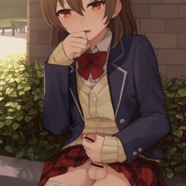 1boy, bangs, bar censor, bench, blazer, bow, bow panties, breasts, brown hair, buttons, cardigan, censored, collared shirt, commentary, crossdressing