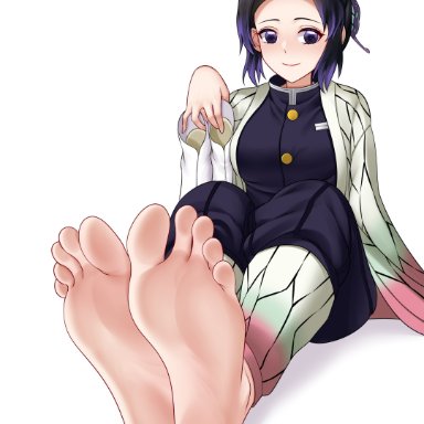 barefoot, black hair, butterfly hair ornament, demon slayer, female, female only, foot fetish, foot focus, fully clothed, haori, kimetsu no yaiba, kochou shinobu, oirin, purple eyes, sitting