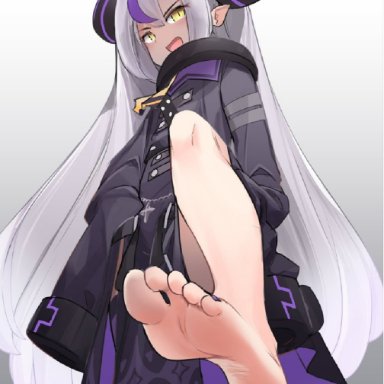1girls, black clothing, coat, cute, cute face, demon, demon girl, eyebrows, eyelashes, feet, feet up, full body, full color, fully clothed, hands on hips