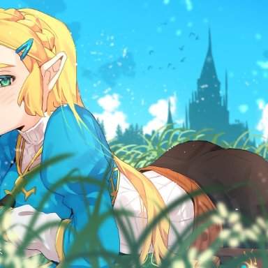 1girls, ass, blonde hair, blush lines, breath of the wild, fully clothed, hanabelink, hylian, laying on stomach, leggings, looking at viewer, nintendo, pointy ears, princess zelda, the legend of zelda