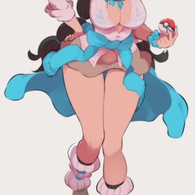 1girls, 2021, bare legs, bikini top, black hair, bowtie, candice (pokemon), cleavage, female, female only, gym leader, hand on hip, hips, holding object, long hair