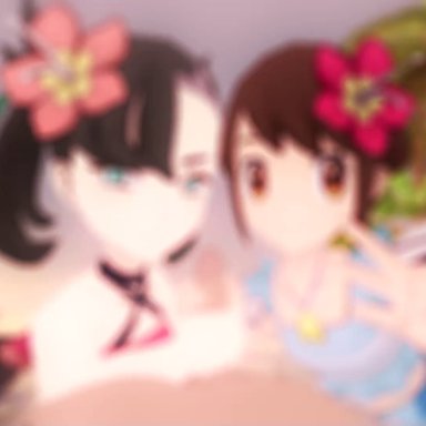 2girls, 3d, beach, black hair, brown eyes, cum, cum on face, dnnsfw, double handjob, ejaculation, facial, fellatio, flower in hair, gloria (pokemon), green eyes