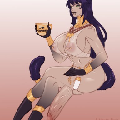 1futa, animal ears, areolae, balls, big balls, big breasts, black hair, breasts, cat ears, cat tail, catgirl, citrusfro, cock-tail, egyptian, erection