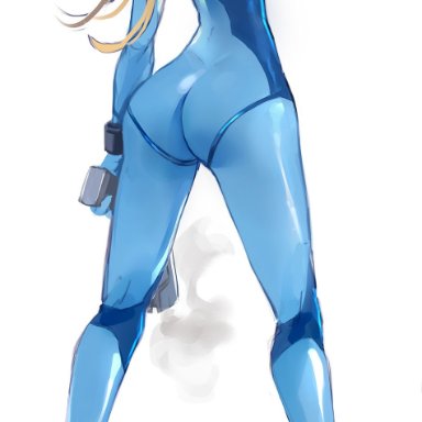 ass, blonde hair, blue eyes, breasts, catsuit, gun, high heels, jumpsuit, long hair, looking at viewer, looking back, metroid, pinup pose, samus aran, sideboob