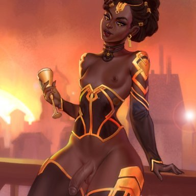 1futa, arcane, areolae, balls, black hair, breasts, clothed, clothing, corset, curly hair, dark-skinned futanari, dark skin, flaccid, futa only, futanari